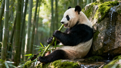 Obraz premium Giant panda resting on mossy rock in bamboo forest, a moment of peace in nature's embrace 