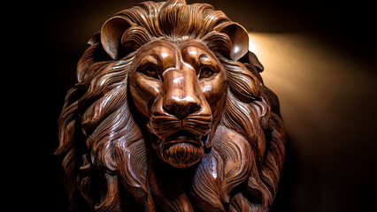 A majestic wooden lion head sculpture illuminated by dramatic spotlight, carved details emphasized by shadows. Background in deep black or dark mahogany. Camera front and slightly angled for depth. Th