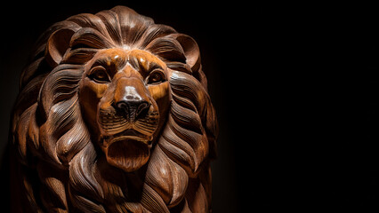 A majestic wooden lion head sculpture illuminated by dramatic spotlight, carved details emphasized by shadows. Background in deep black or dark mahogany. Camera front and slightly angled for depth. Th