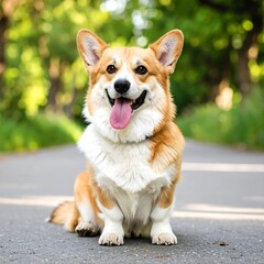 Happy corgi sitting on a road