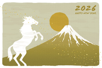 午年の年賀状テンプレート　馬と富士山と日の出