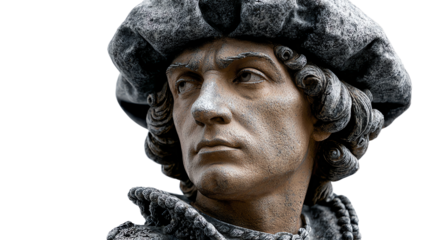 Captivating gaze in Stone: A close-up of a sculpted man, embodying an era's artistry and the enduring legacy of a historic figure. 

