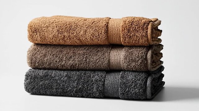 Stack of three absorbent towels in neutral earth tone colors isolated