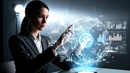 Businesswoman in Dark Suit Interacting with Holographic Display over Desk in Dimly Lit Room - Powered by Adobe