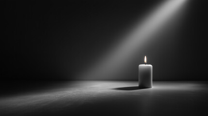Minimalist composition of one candle casting soft light and shadow on a smooth surface, dark background, elegant advertising style
