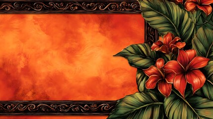 Ornate frame borders vibrant red flowers and green leaves on orange background.