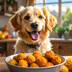 Happy dog with crispy treats in kitchen
