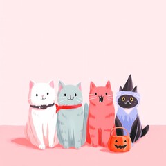 Four playful cats dressed for Halloween on a pink background