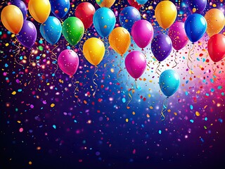 Colorful balloons floating amid confetti against a dark, vibrant background