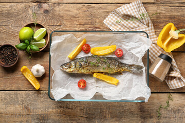 Baking dish with delicious cooked seabass fish, bell pepper slices, lime, tomatoes, garlic and spices on wooden background
