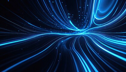 Abstract blue energy lines flow across a dark space, creating dynamic light trails