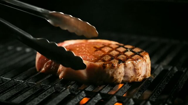 thick steak grilling on hot bbq with sizzle and smoke