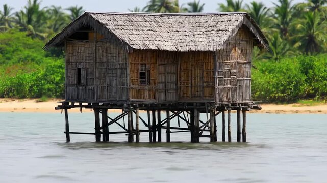 Picturesque view of stilt houses on tropical beach coast with clear ocean water