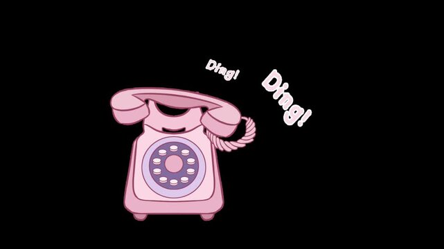 A cute, animated pink rotary phone rings with "Ding!" sound effects on a black background. Retro, vintage, communication