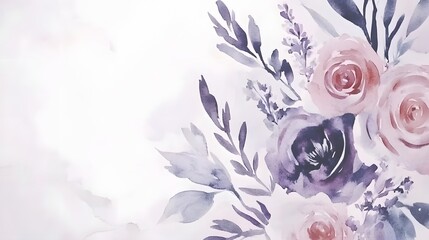 Delicate watercolor roses and leaves adorn a soft, diffused background.
