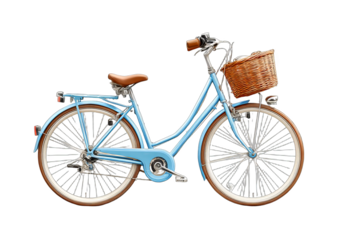 A light blue vintage bicycle features a wicker basket on the front, with classic design elements like a brown seat and handlebar.