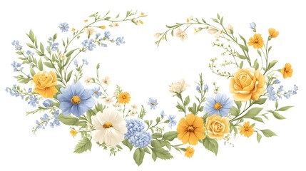 Elegant floral wreath with yellow roses and blue blossoms.