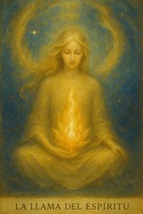 Golden angel with soft wings and a bright inner flame radiating compassion and serenity — Ángel dorado con alas suaves y una llama interior brillante que irradia compasión y serenidad en silencio oran