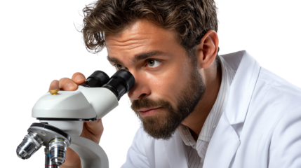 Scientist Examines Microscope: A focused scientist in a pristine lab coat peers intently through a microscope, demonstrating dedication to scientific exploration and discovery. 