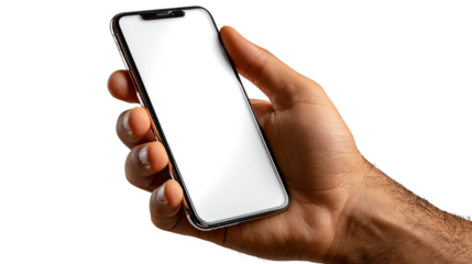 Smart Device Grip: A hand confidently holds a sleek, modern smartphone with a blank, luminous display, hinting at a world of connectivity and information.