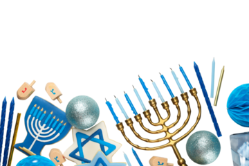Colorful Hanukkah menorah, dreidels, blue ornaments, isolated, PNG