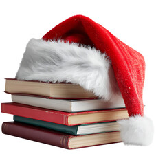 Stack of books with a santa hat isolated on transparent background.