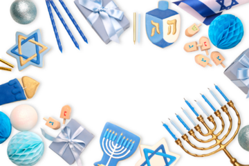 Circular Hanukkah decor in blue, white, gold, isolated, PNG