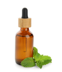 Bottle of mint essential oil isolated on white background, closeup