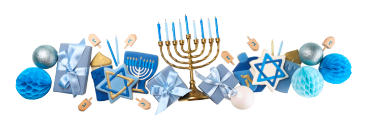 Menorah with blue candles, gifts, and dreidels, isolated, PNG
