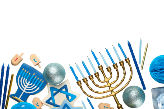Colorful Hanukkah menorah, dreidels, blue ornaments, isolated, PNG
