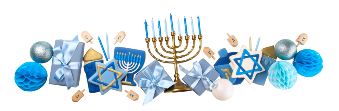 Menorah with blue candles, gifts, and dreidels, isolated, PNG