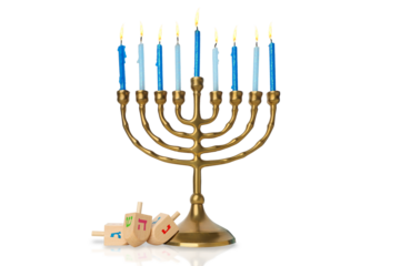Menorah with blue and white candles and wooden dreidels, isolated, PNG