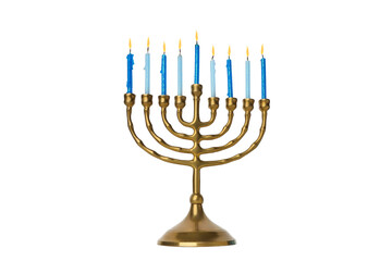 Fototapeta premium Gold menorah featuring nine traditional candles, isolated, PNG