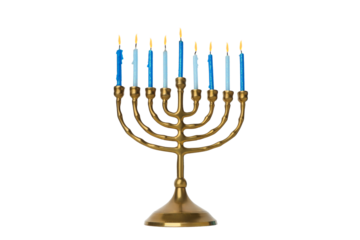 Gold menorah featuring nine traditional candles, isolated, PNG