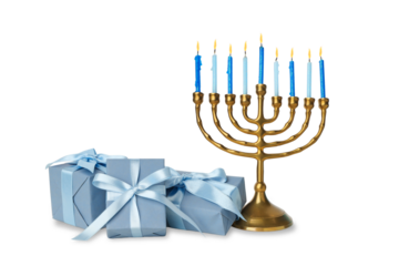 Menorah with lit candles beside blue gifts, isolated, PNG