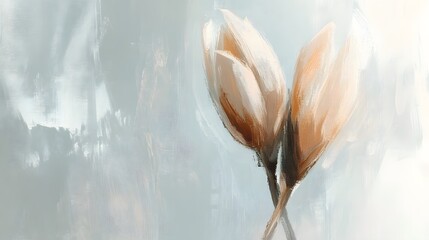 Two abstract flowers bloom in soft brushstrokes on a textured background.
