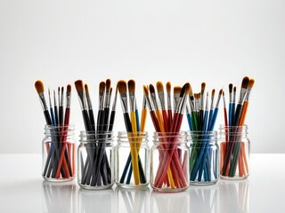 Paintbrushes in glass jars, vibrant colors, ready for art creation on a white surface