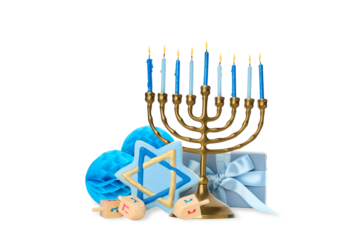 Menorah with blue candles, gifts, and dreidels, isolated, PNG