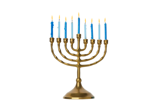 Gold menorah featuring nine traditional candles, isolated, PNG