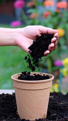 Hand pouring dark soil into a brown pot