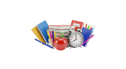 Back to school supplies with books notebooks apple and alarm clock