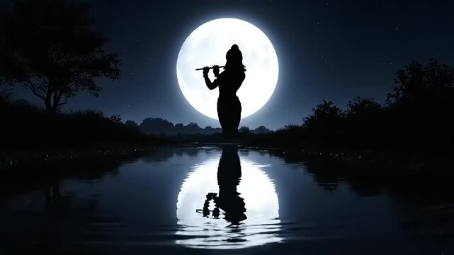 Silhouette playing flute with full moon night.
