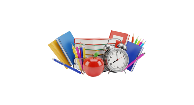 Back to school supplies with books notebooks apple and alarm clock