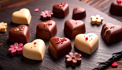 Heart-shaped chocolates arranged on a dark slate plate