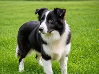 Black & white dog, standing alert in vibrant green grass field