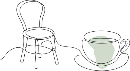 Chair and cup abstract line art black and white coffee