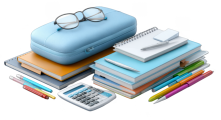 An assortment of school supplies including notebooks, colorful pencils, a calculator, and glasses for study and writing.