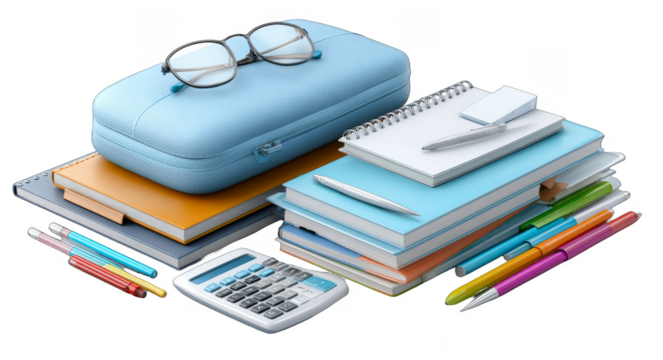 An assortment of school supplies including notebooks, colorful pencils, a calculator, and glasses for study and writing.