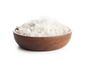 Wooden bowl of sea salt on white background