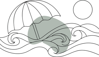 Beach umbrella on ocean waves under sun vector